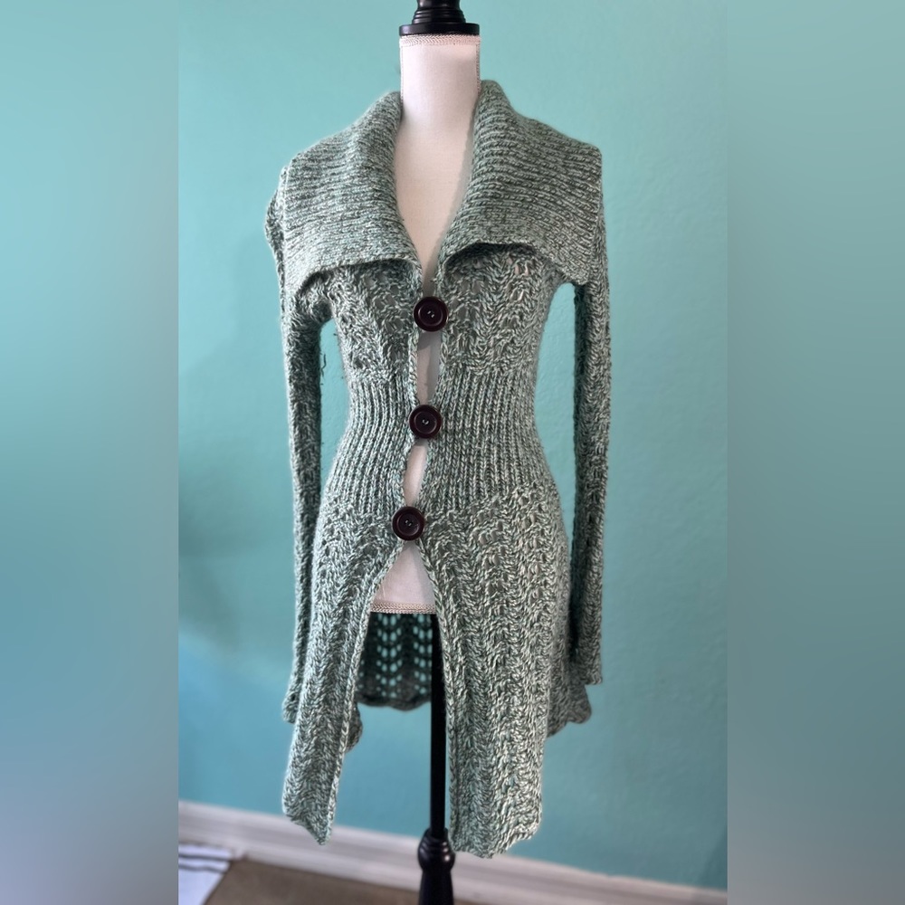 Green XS Midi Sweater Cardigan Button Front Flare Sleeves Crochet 70% Wool
